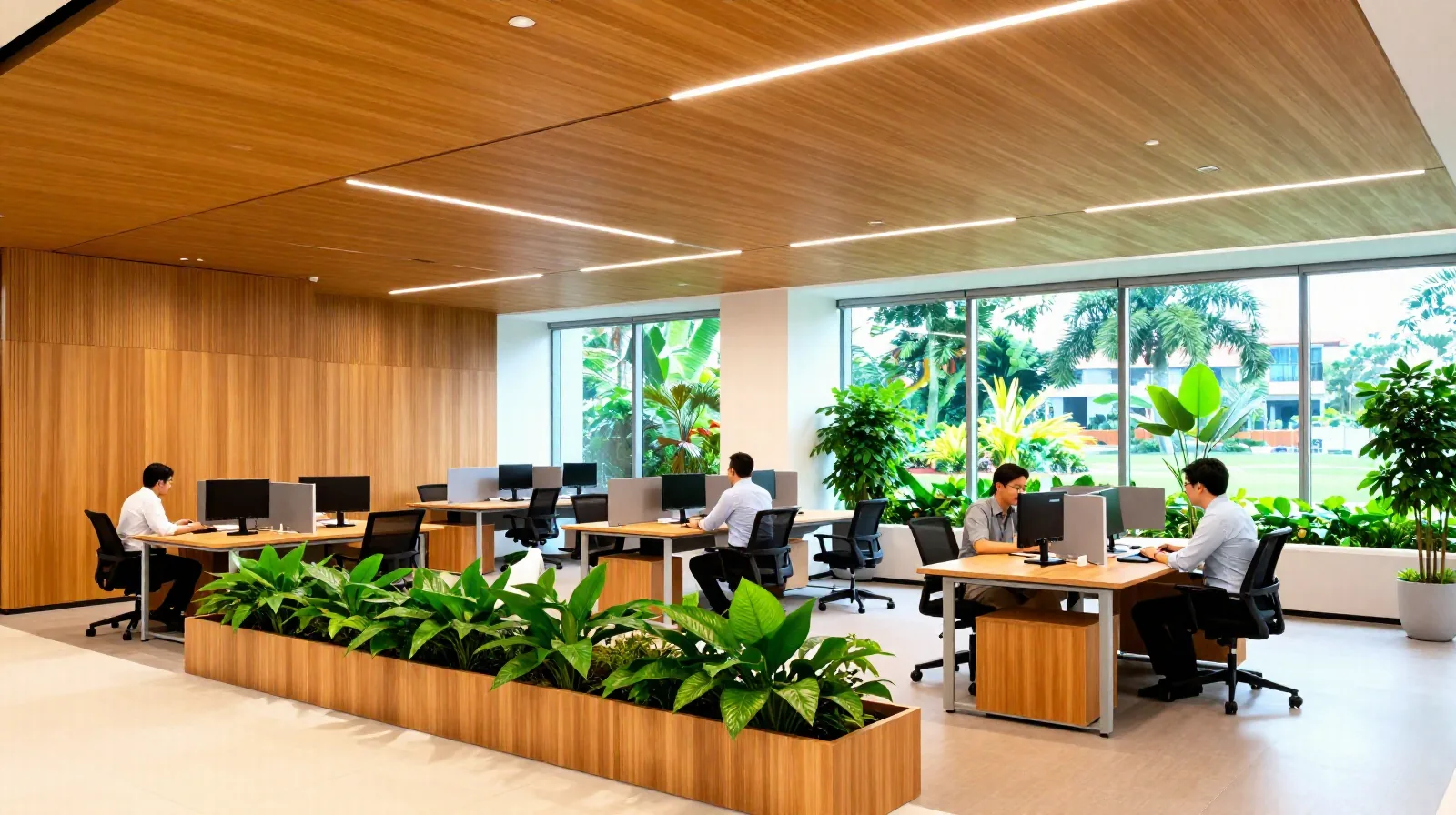 Modern open-plan office in Singapore with timber ceiling and greenery
