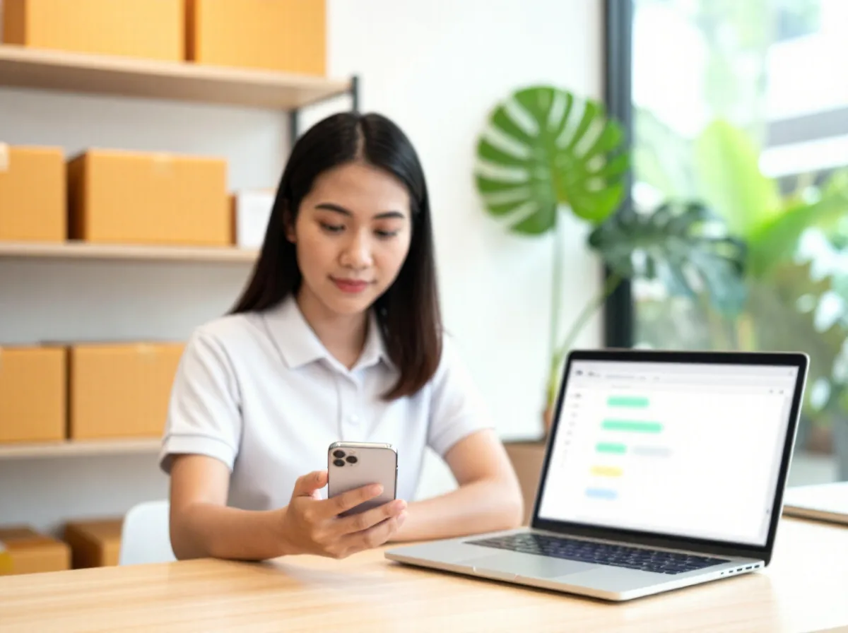 Singapore SME owner holding a phone while reviewing a soft chat console on a laptop