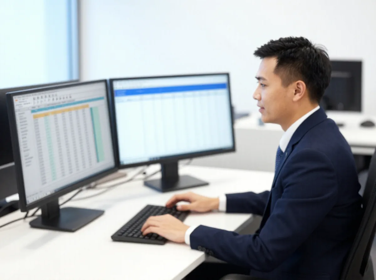 HR manager reviewing payroll data across two monitors