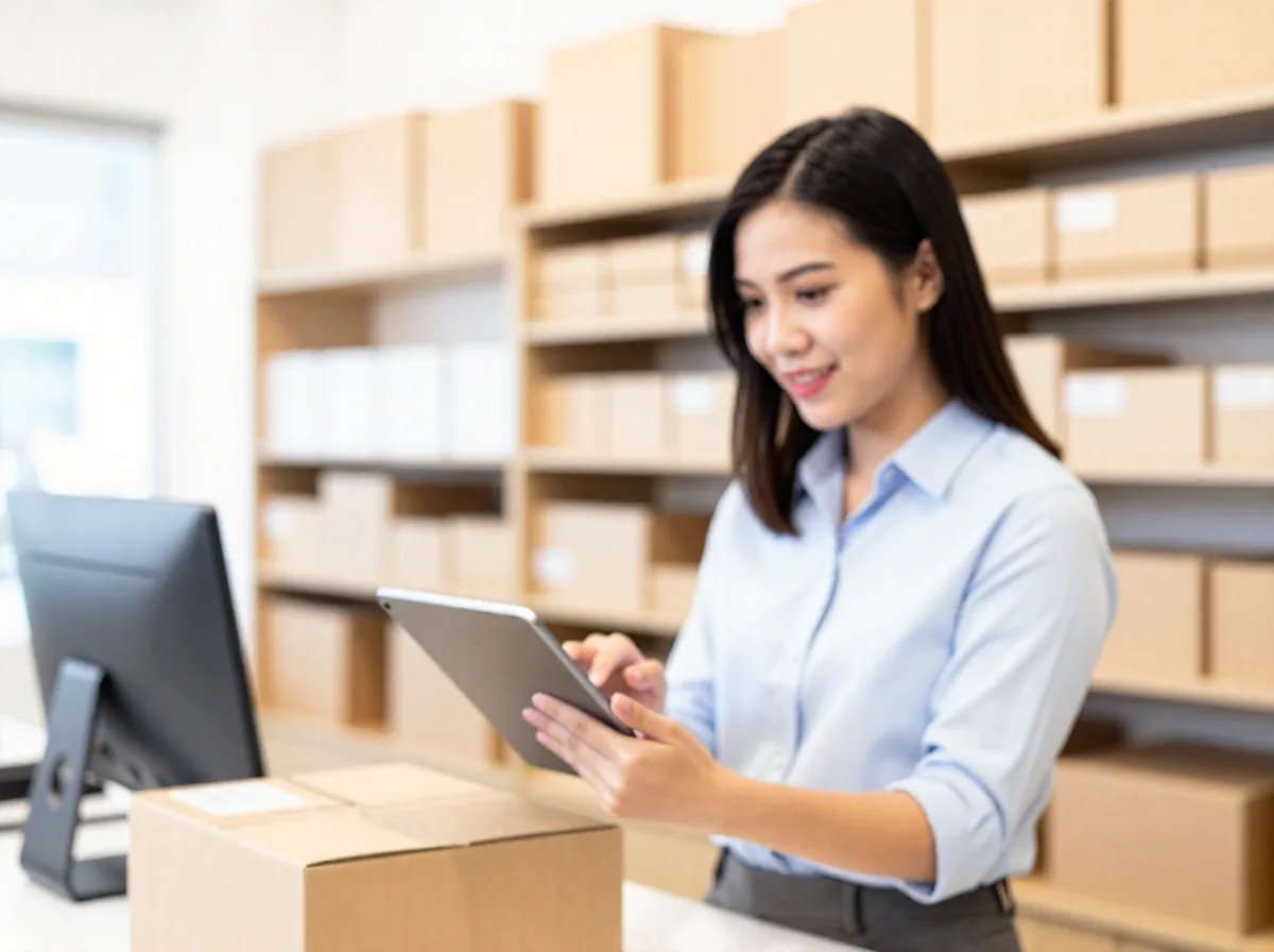 Business owner checking stock on a tablet in a Singapore shop office