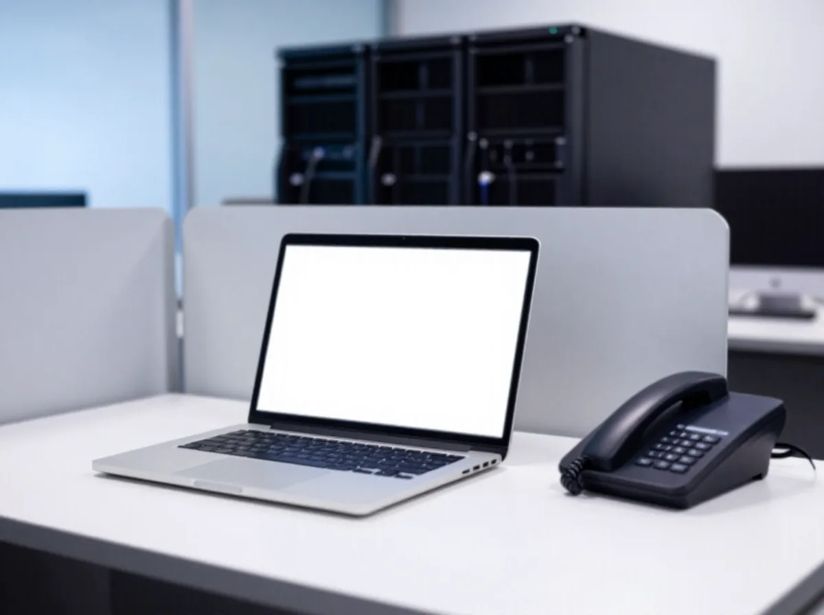 Laptop and business phone on a desk with a server rack behind