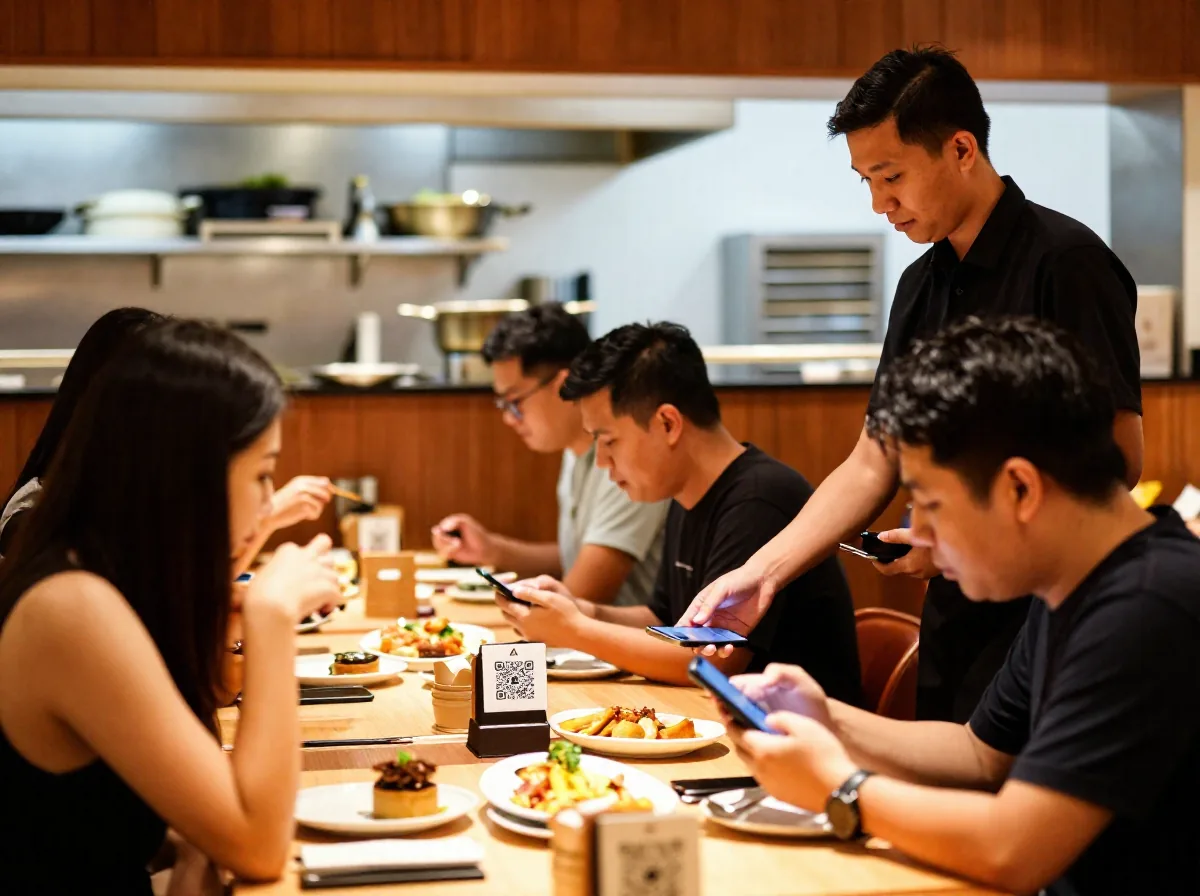 Diners scanning a table QR code to order at a Singapore restaurant