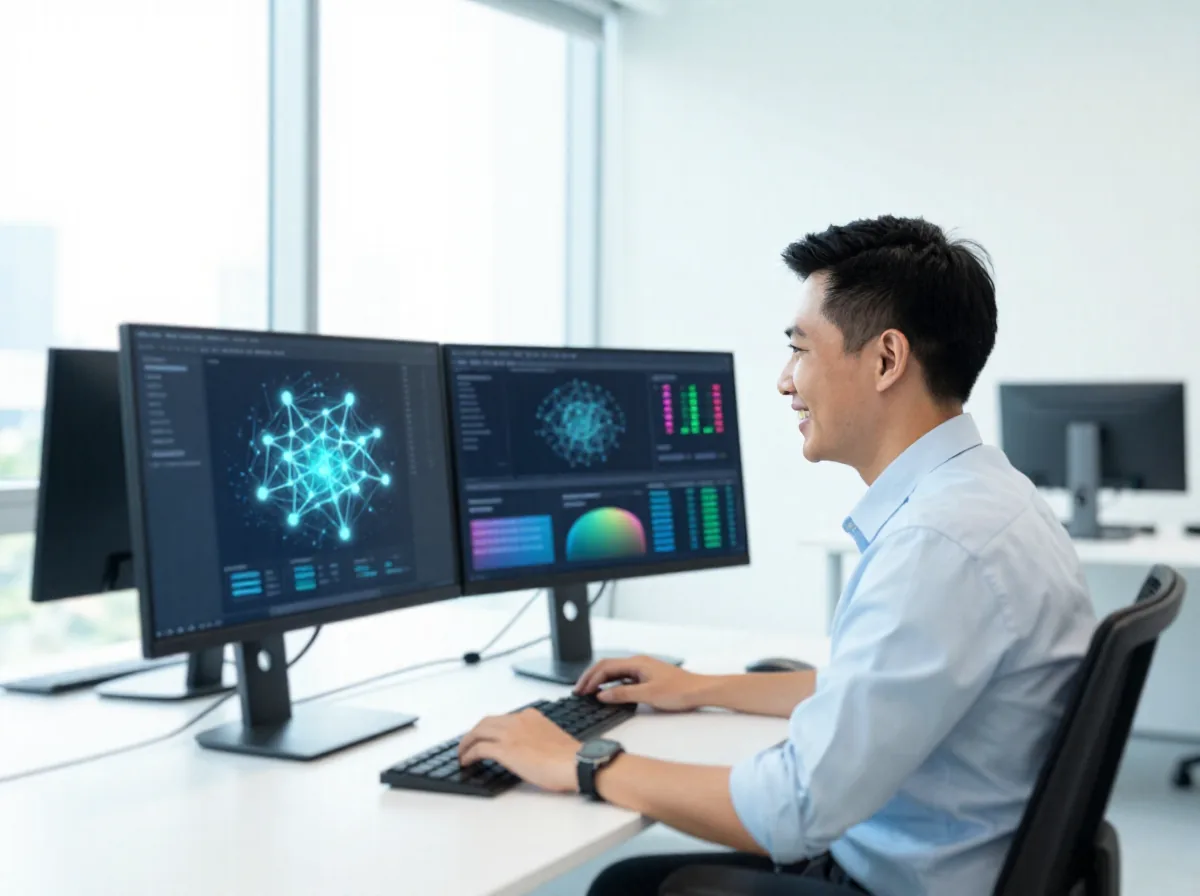 Software engineer at a bright workstation with data visualisation on screen