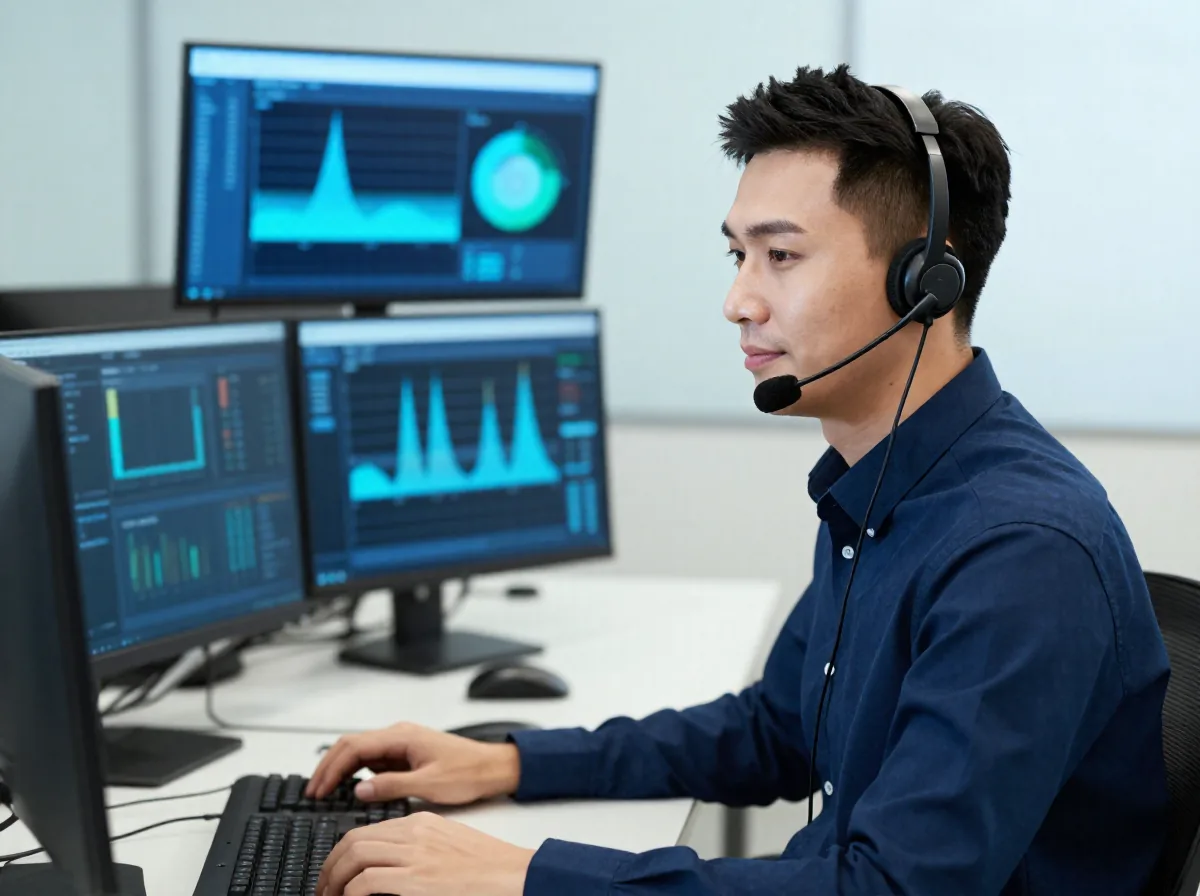 IT support specialist with a headset at a helpdesk station